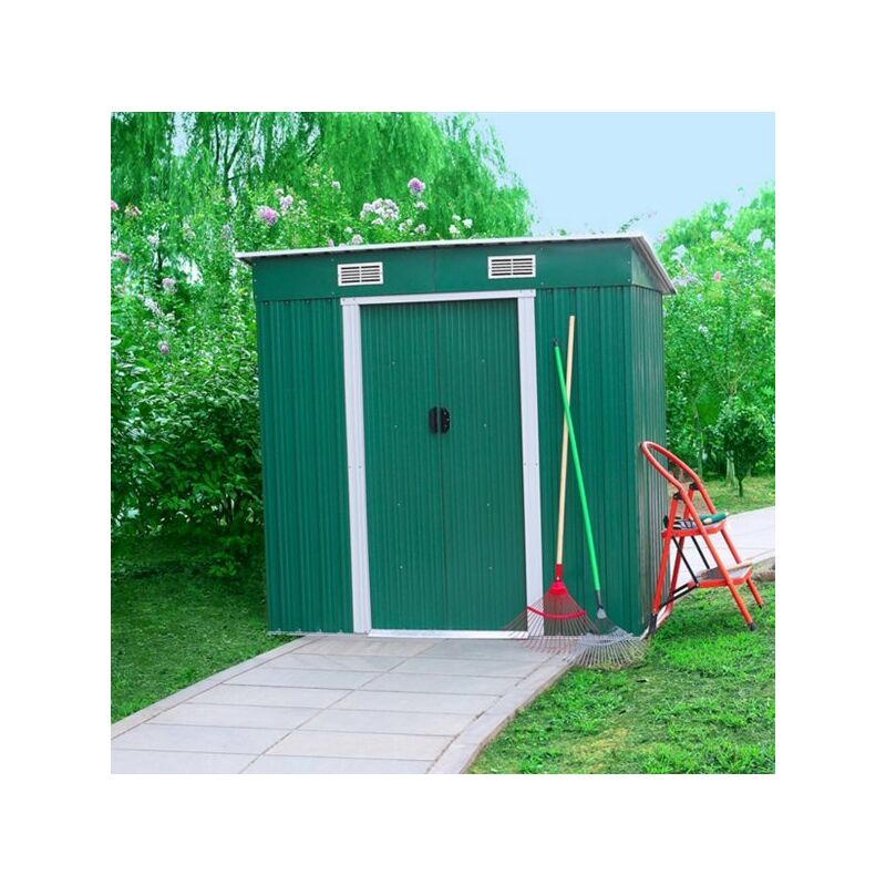 foto del prodotto mitepek casetta giardino in lamiera verde, box esterno, ricovero attrezzi 194x121 h.182cm fredi