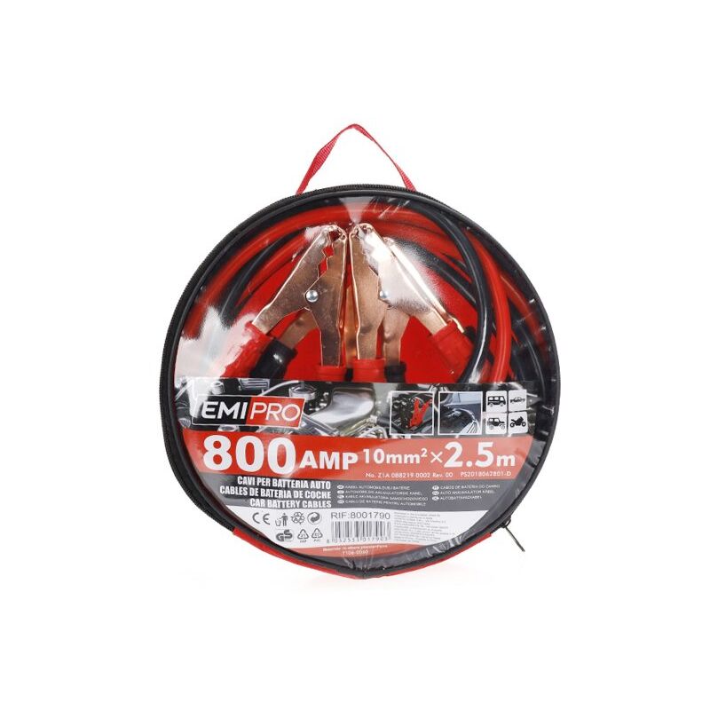 foto del prodotto mitepek kit cavi per avviamento batteria 800 ampere per soccorso emergenza auto moto sezione rame 10mmq 2,5 metri