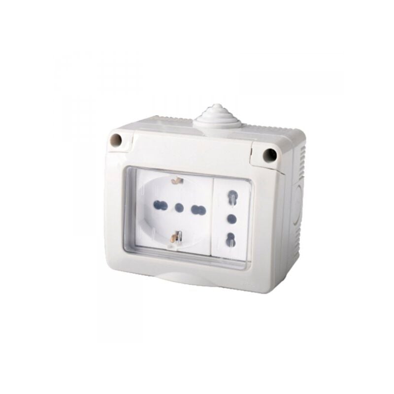 foto del prodotto mitepek kit contenitore cassetta elettrica esterna 1 presa schuko universale 1 presa bipasso con coperchio stagno ip55, montaggio da parete