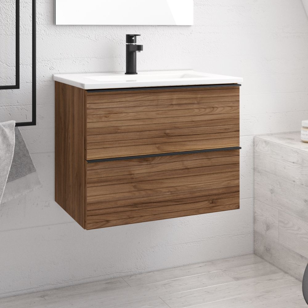 foto del prodotto mitepek mobile bagno sospeso senda con 2 cassettoni colore noce effetto cannettato e maniglie nere 80x45.5x48 cm.