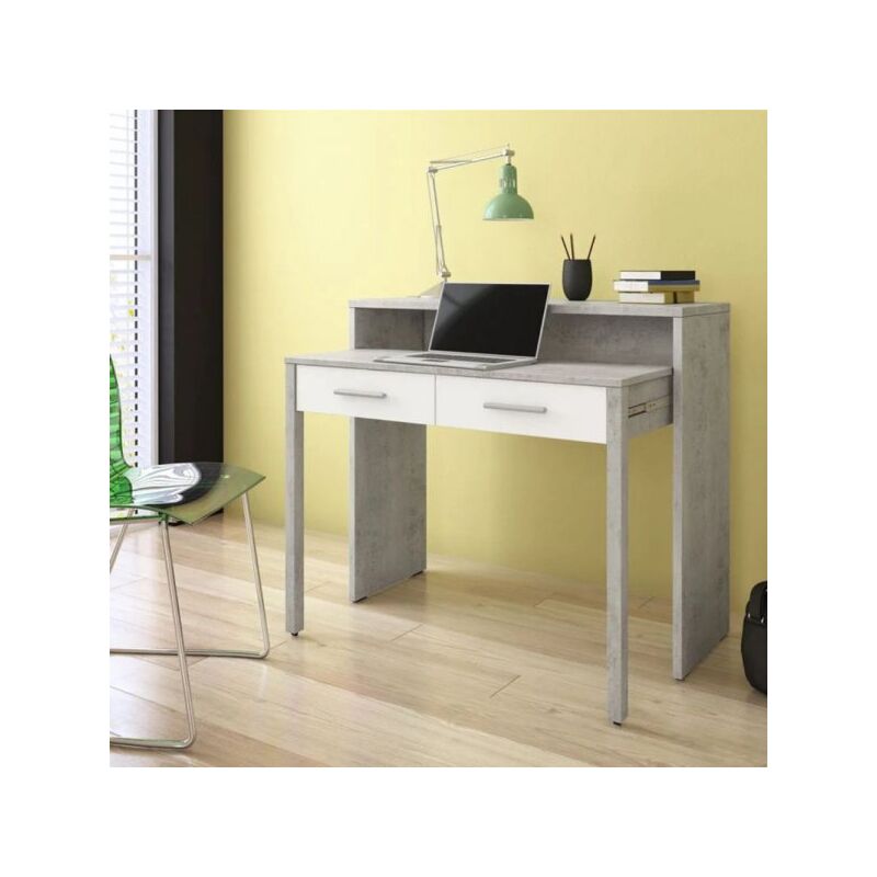 foto del prodotto mitepek scrivania scrivia con piano a scomparsa con due cassetti colore cemento e bianco rustica