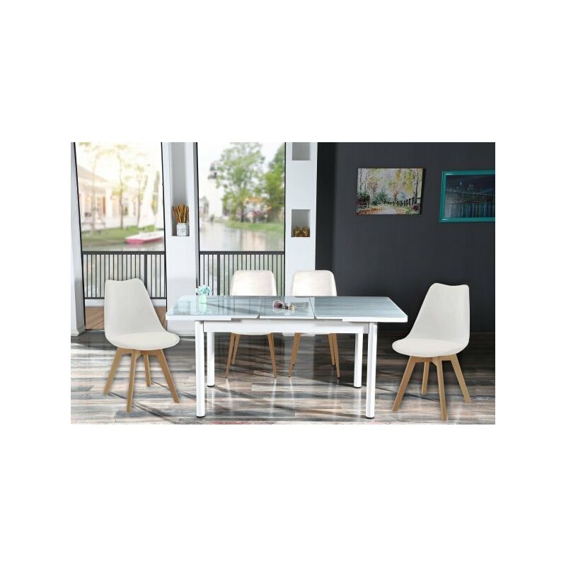 foto del prodotto mitepek tavolo da sala bianco allungabile in vetro temperato grigio 130 170cm con 4 sedie e cuscini sicorage legres