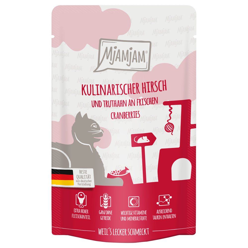 foto del prodotto mjamjam buste 12 x 125 g umido gatto cervo, tacchino mirtilli rossi