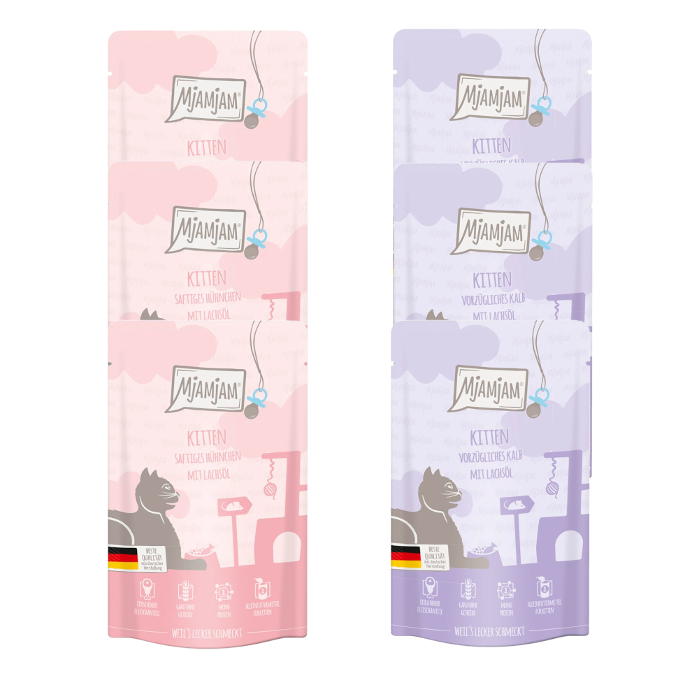 foto del prodotto mjamjam buste kitten pacco misto 12 x 125 g umido gatto mix pollo olio di salmone, vitello olio di salmone