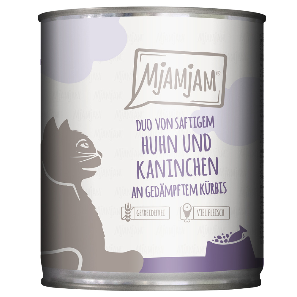foto del prodotto mjamjam duo 6 x 800 g umido gatto pollo coniglio con zucca al vapore