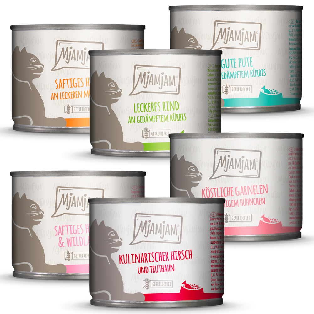 foto del prodotto mjamjam pacco misto 6 x 200 g umido per gatto mix 1 pollo, manzo, tacchino, gamberetti pollo, cervo, pollo salmone