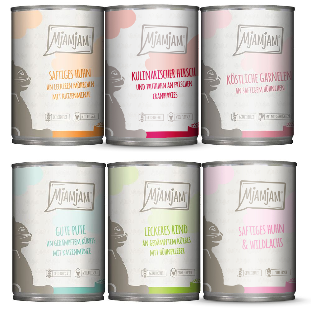 foto del prodotto mjamjam pacco misto 6 x 400 g umido gatto mix pollo, manzo, tacchino, gamberetti pollo, cervo, pollo salmone