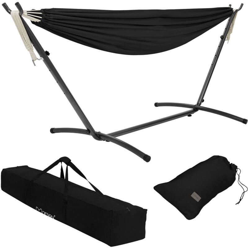 foto del prodotto ml design amaca doppia in poliestere e cotone nero 275 x 110 x 98 cm con supporto in acciaio spazio per 2 persone sedia sospesa xxl portatile con