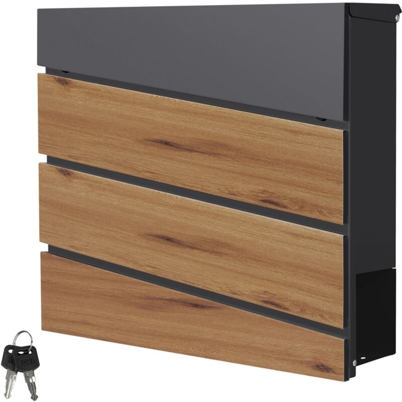 foto del prodotto ml design cassetta postale montaggio a parete muro esterno 37 x 36,5 x 11 cm in acciaio antracite aspetto legno buca delle lettere con scomparto