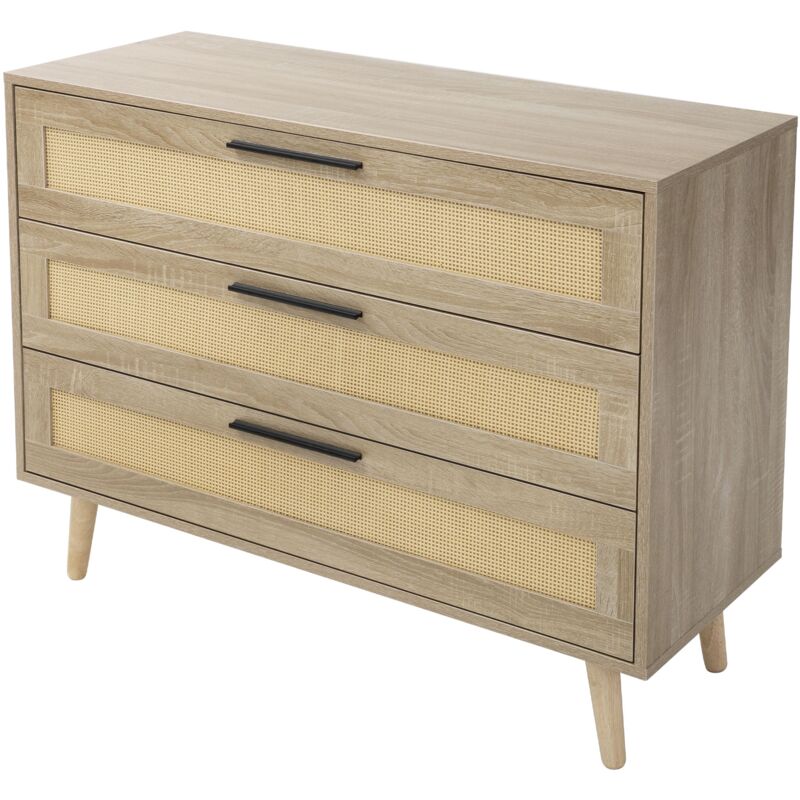 foto del prodotto ml design cassettiera con 3 cassetti 100x77x40 cm aspetto rovere credenza con frontale in rattan e piedi in legno massiccio credenza buffet