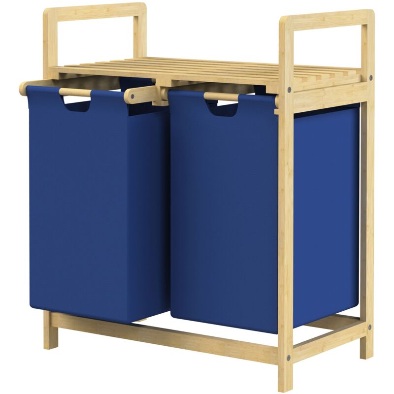 foto del prodotto ml design cesto portabiancheria con struttura in bamb con ripiano e 2 scomparti in tessuto 60 l blu scuro per biancheria 63x33x73 cm raccoglitore