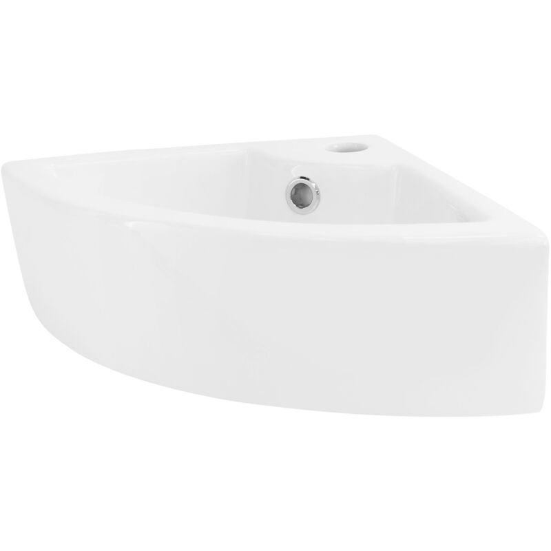 foto del prodotto ml-design lavabo ad angolo d'appoggio in ceramica bianco 46 x 33 x 13 cm lavandino angolare a parete con troppopieno foro per rubinetto scarico