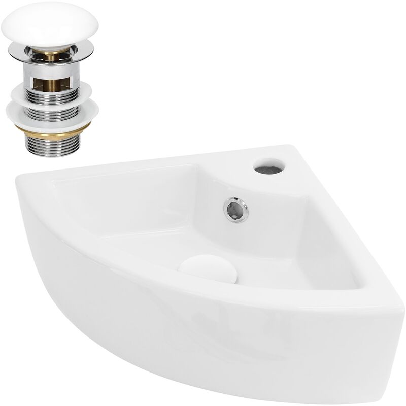 foto del prodotto ml-design lavabo ad angolo d'appoggio in ceramica bianco 46 x 33 x 13 cm lavandino angolare a parete troppopieno foro per rubinetto lavello bagno wc