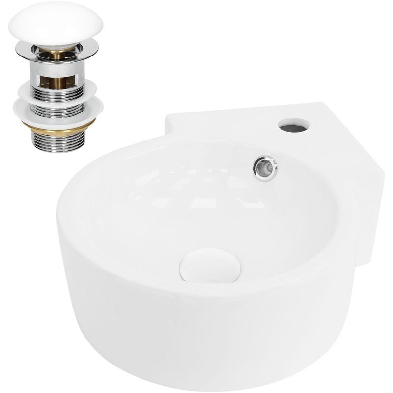 foto del prodotto ml design lavabo ad angolo d appoggio in ceramica bianco rotondo 45 x 36 x 13 cm lavandino angolare a parete con troppopieno foro per rubinetto