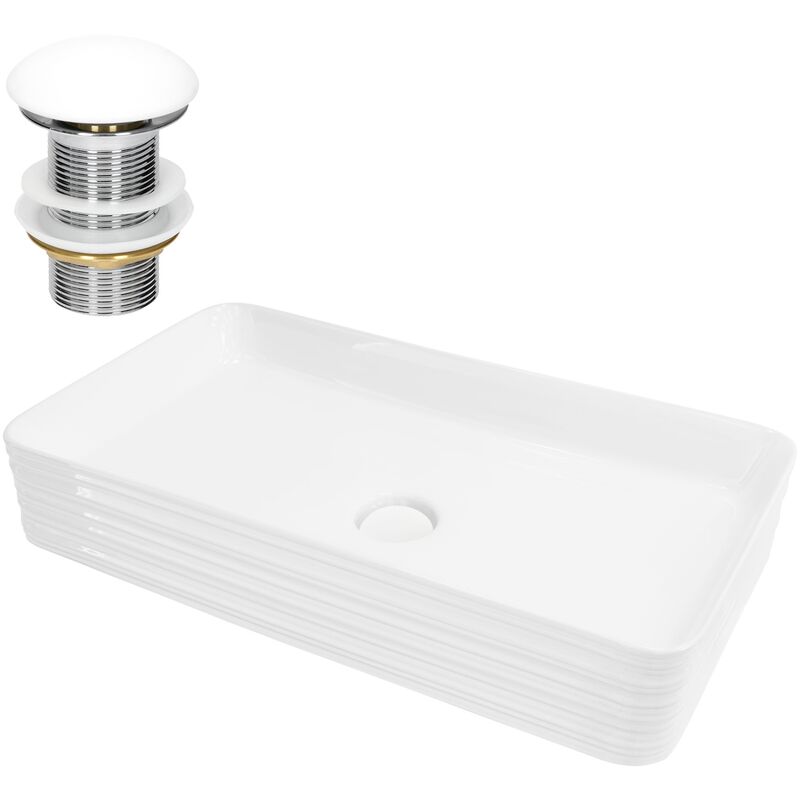 foto del prodotto ml design lavabo da appoggio in ceramica bianco lucido rettangolare 68x38x12 cm lavandino con set di scarico in ceramica bianca lavello lavamani