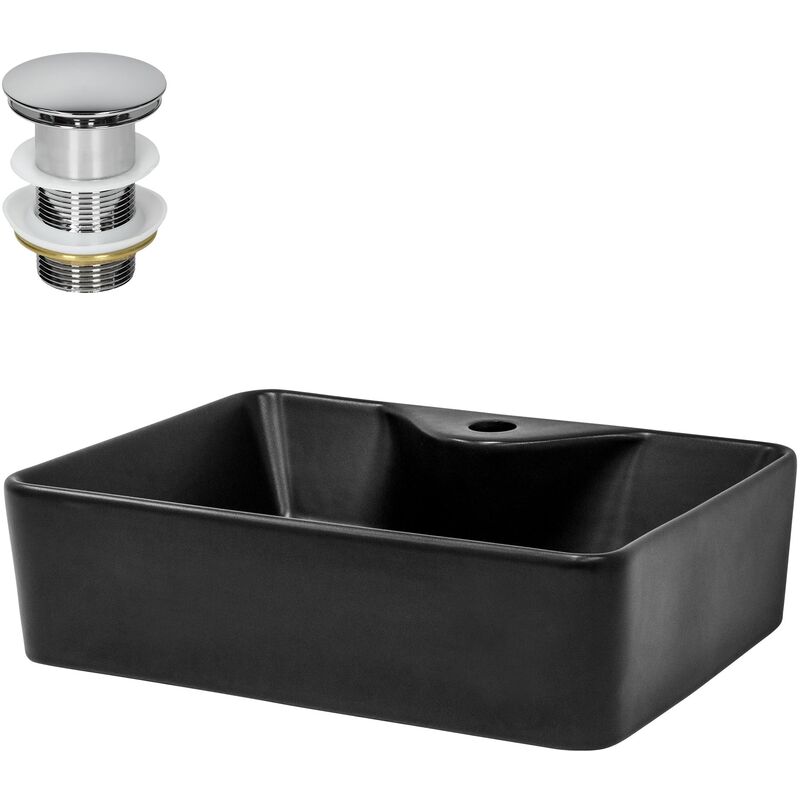 foto del prodotto ml design lavabo da appoggio in ceramica nero opaco 49 x 36,5 cm rettangolare con set di scarico in ottone cromato valvola drenaggio lavello sanitari