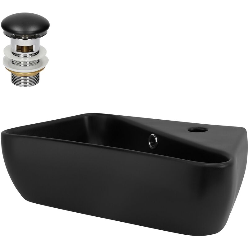 foto del prodotto ml design lavabo da appoggio in ceramica nero opaco rettangolare 45 x 27 x 13 cm lavandino con set di scarico e attacco a parete lavello lavamani