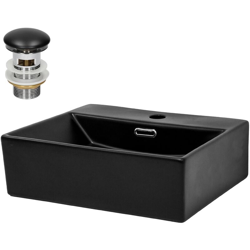 foto del prodotto ml design lavabo da appoggio o con montaggio a muro in ceramica nera opaca 415 x 365 x 130 mm lavandino moderno con troppopieno foro di scarico e