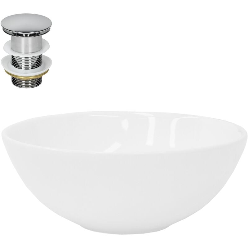 foto del prodotto ml-design lavabo in ceramica bianca lucida 28 x 11,6 cm lavandino da appoggio rotondo moderno bacinella lavamani per bagno lavello con set di