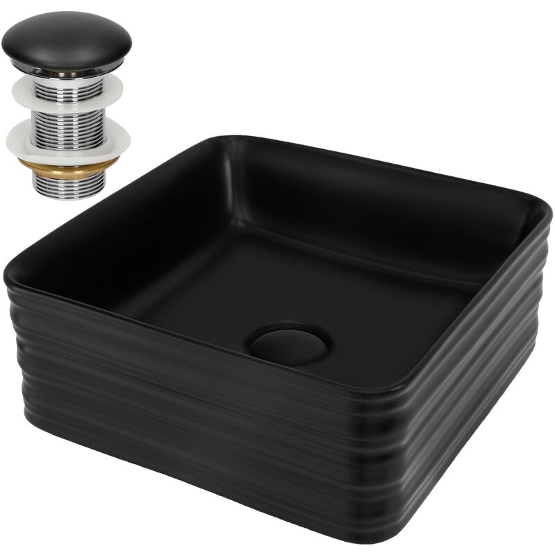 foto del prodotto ml-design lavabo in ceramica nero opaco 39 x 39 x 15 cm quadrato lavandino da appoggio valvola piletta di scarico inclusa lavello design moderno