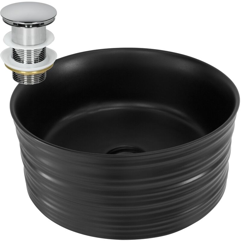 foto del prodotto ml design lavabo in ceramica nero opaco 41 x 18 cm rotondo con piletta valvola di scarico lavandino da appoggio lavello design moderno elegante