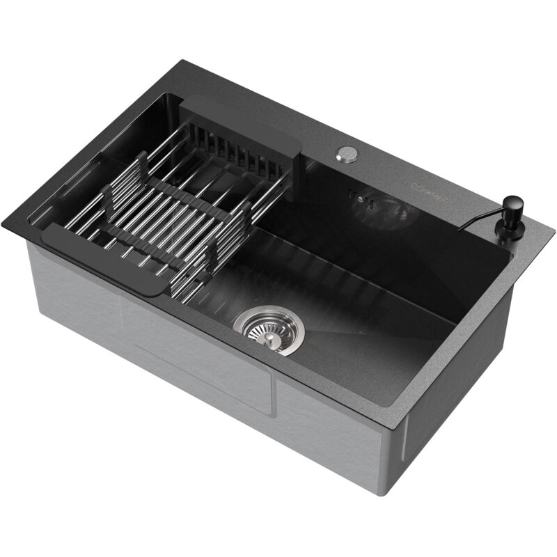 foto del prodotto ml design lavello da cucina 1 vasca 68 x 45 cm lavabo da incasso in acciaio antracite antiruggine con dispenser per sapone e cestello scolapiatti