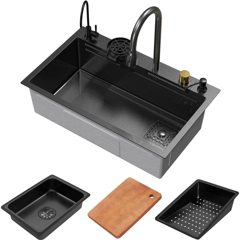 foto del prodotto ml design lavello multifunzionale in acciaio inox 75x46 cm antracite lavabo da cucina rettangolare lavandino da incasso a cascata 1 vasca sottopiano