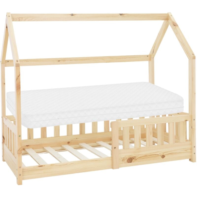 foto del prodotto ml design letto a casetta per bambini 70 x 140 cm naturale, in legno massello, struttura con protezione anticaduta, lettino a terra montessori con