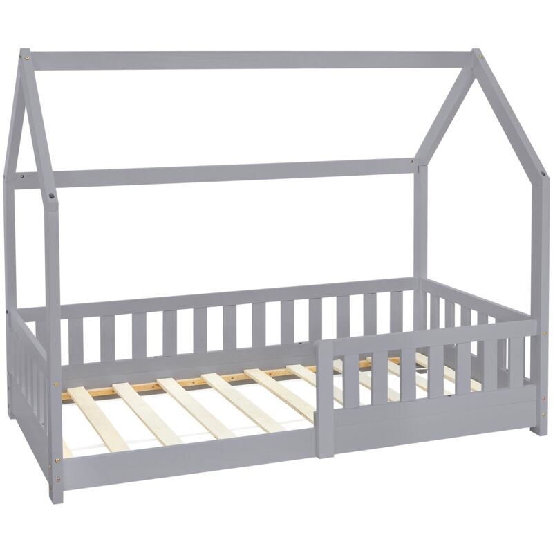 foto del prodotto ml-design letto a casetta per bambini 80 x 160 cm grigio, in legno massello, struttura con protezione anticaduta, tetto e rete a doghe, lettino a