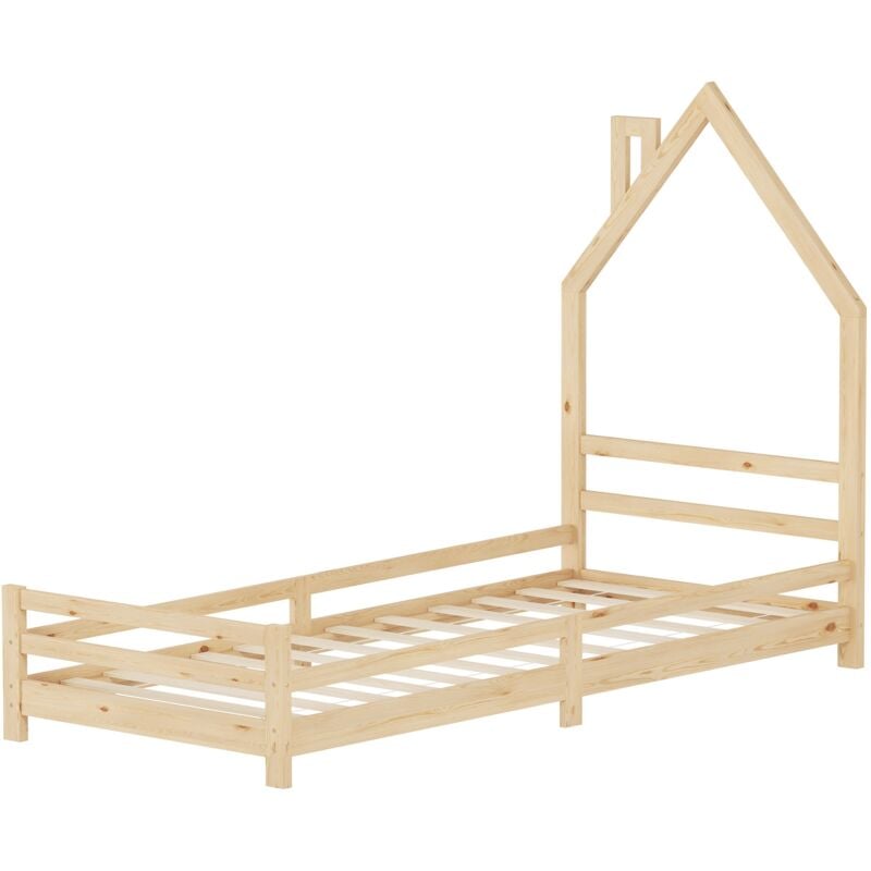 foto del prodotto ml design letto a casetta per bambini 90x200 cm naturale letto singolo in legno di pino massiccio con rete a doghe design camino struttura gioco