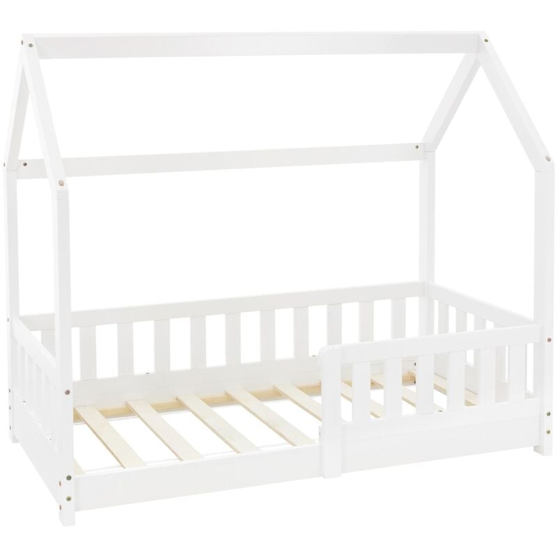 foto del prodotto ml design letto a forma di casa per bambini 70 x 140 cm con protezione anticaduta rete a doghe legno di pino verniciato bianco lettino bimbi