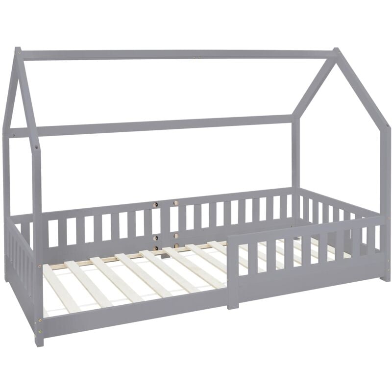 foto del prodotto ml design letto a forma di casa per bambini 90 x 200 cm con protezione anticaduta rete a doghe legno di pino verniciato grigio lettino casetta