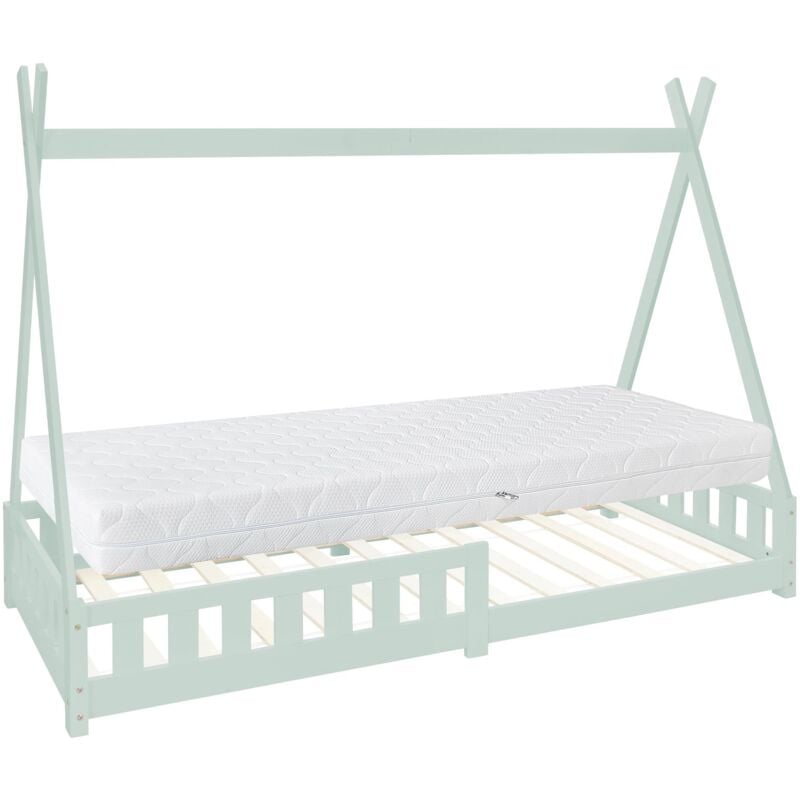 foto del prodotto ml design letto a forma di casetta per bambini tipi 90x200 cm protezione anticaduta tenda indiano legno di pino massiccio lettino con materasso da