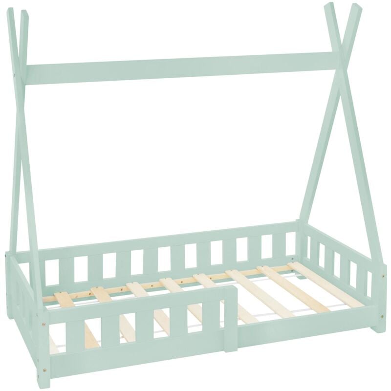 foto del prodotto ml-design letto a terra per bambini design tepee 70x140 cm verde menta, struttura in legno di pino massiccio, con sponde protezione anticaduta,