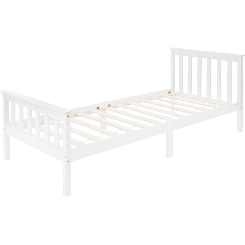 foto del prodotto ml-design - letto in legno di pino massiccio 90 x 200 cm colore bianco con giroletto telaio rete a doghe testiera e pediera lettino singolo per bambini e adulti struttura solida costruzione robusta