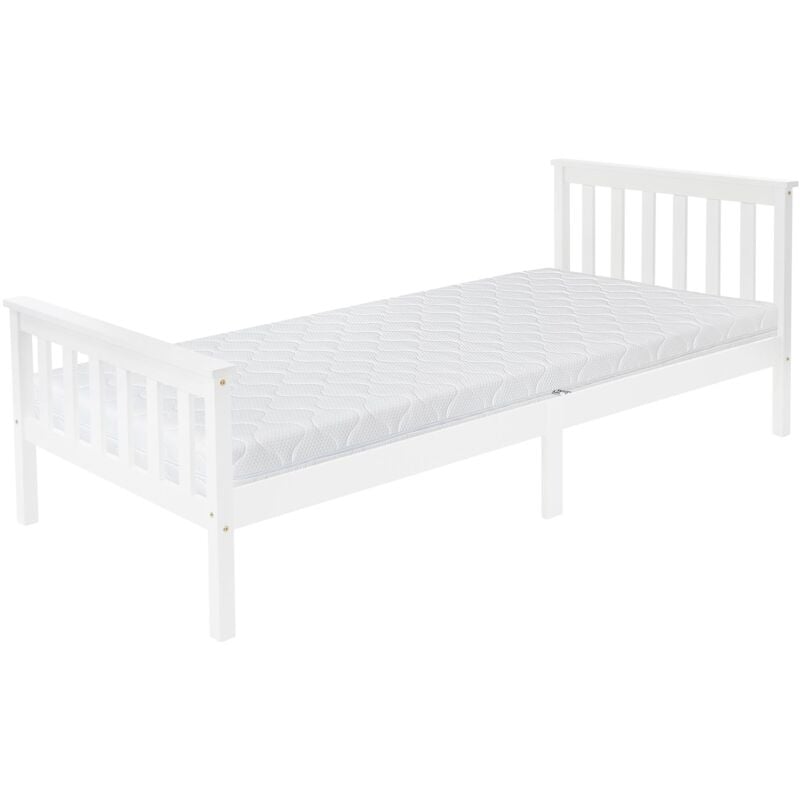 foto del prodotto ml design letto singolo in legno di pino massello bianco con materasso a schiuma fredda 90x200 cm telaio a doghe e piedi lettino con testiera e