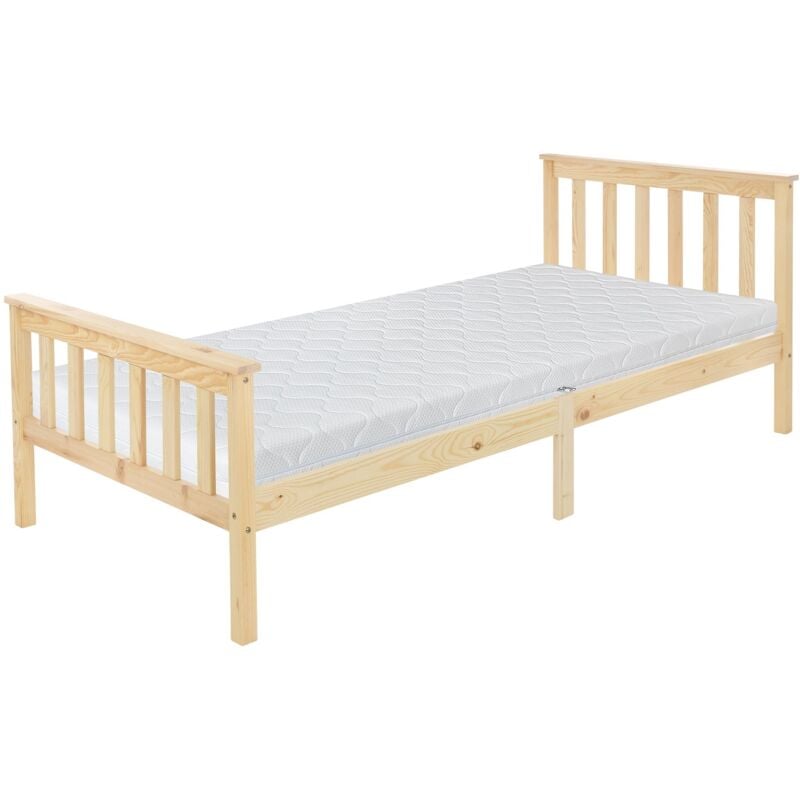 foto del prodotto ml design letto singolo in legno di pino massello naturale con materasso a schiuma fredda 90x200 cm telaio a doghe e piedi lettino con testiera e