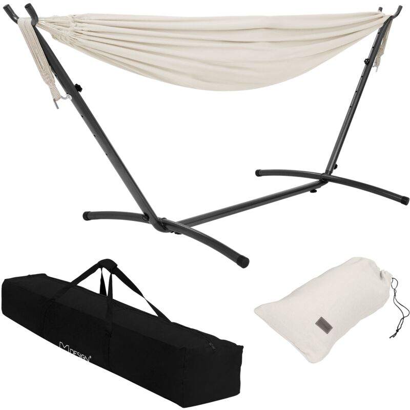 foto del prodotto ml design ml design amaca doppia in poliestere e cotone beige 275 x 110 x 98 cm con supporto in acciaio spazio per 2 persone sedia sospesa xxl