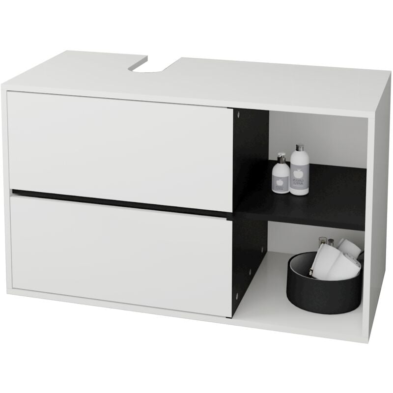 immagine 0 del prodotto ml design mobile sottolavabo bagno bianco nero 100 x 60 x 45,5 cm armadietto per lavandino con 2 cassetti e scaffale mobiletto sottolavello sospeso