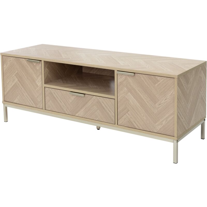 foto del prodotto ml design mobile tv con 2 ante cassetto 120x45x41,5 cm tavolo tv in aspetto rovere con motivo a spina di pesce struttura in metallo dorato con