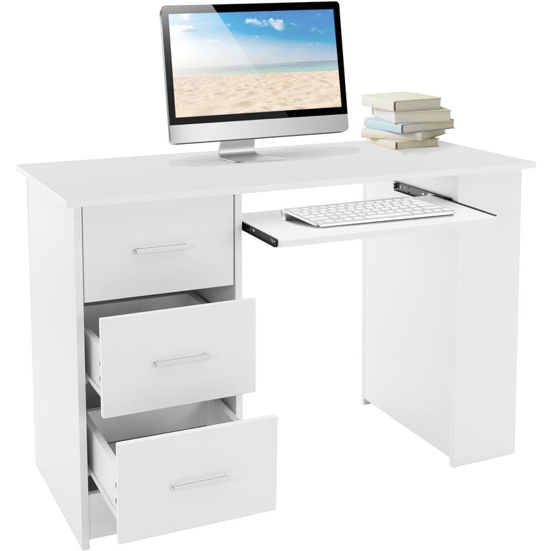 foto del prodotto ml design scrivania bianca con 3 cassetti 3 ripiani e cassetto per tastiera 110x49x75 cm pannelli mdf moderno elegante spazio di archiviazione