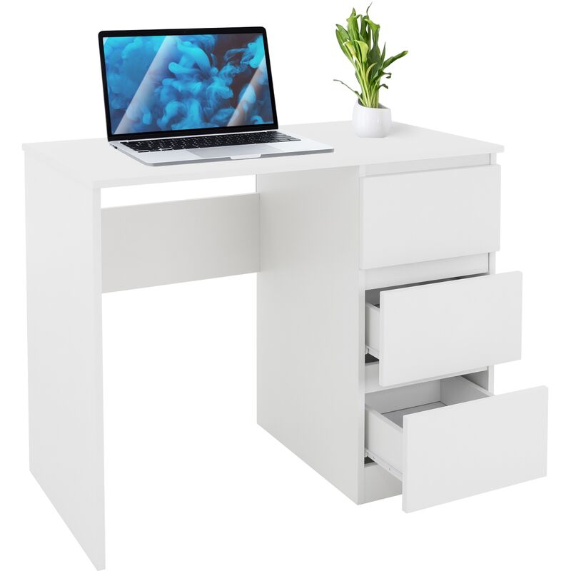 foto del prodotto ml design scrivania con 3 cassetti bianco opaco pannelli mdf 90x76x50 cm scrivania da lavoro moderno semplice elegante solido tavolo per laptop pc
