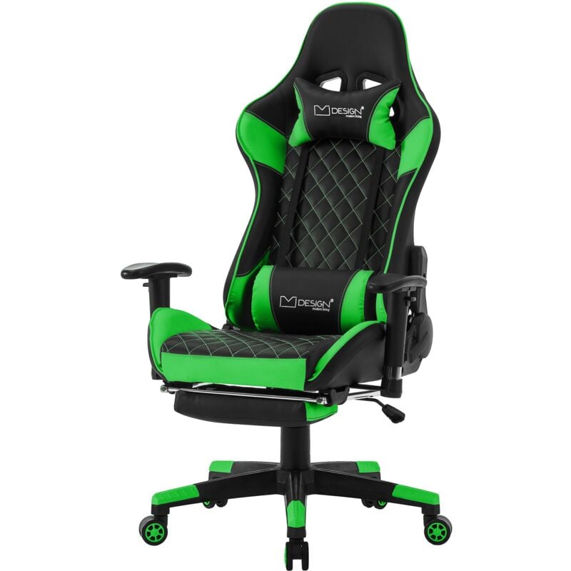 foto del prodotto ml design sedia da gaming con poggiapiedi cuscino lombare ecopelle nero verde poltrona da ufficio ergonomica e confortevole con braccioli