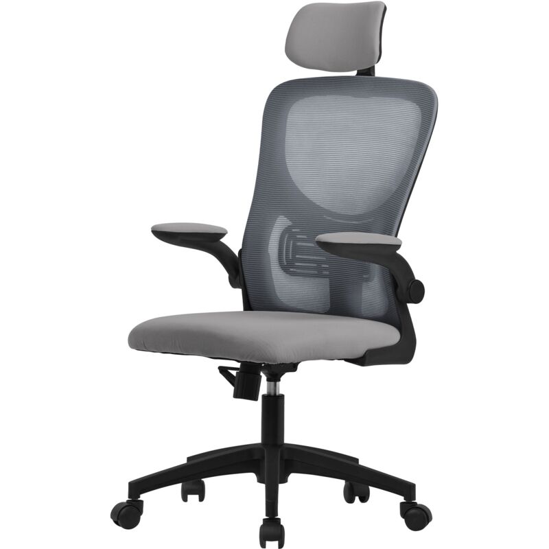 foto del prodotto ml design sedia da ufficio ergonomica grigio con poggiatesta supporto lombare e schienale in rete reclinabile regolabile in altezza con braccioli