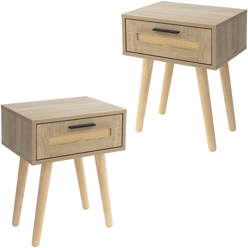 foto del prodotto ml design set 2 comodini con 1 cassetto 40x50,5x30 cm rovere e rattan gambe in legno massiccio stile naturale per camera da letto tavolino salotto