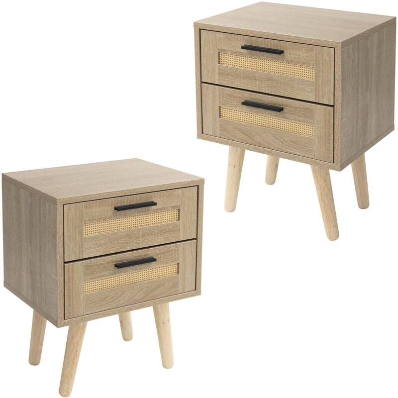 foto del prodotto ml design set 2 comodini con 1 cassetto 40x50,5x30 cm rovere e rattan gambe in legno massiccio stile naturale per camera da letto tavolino salotto