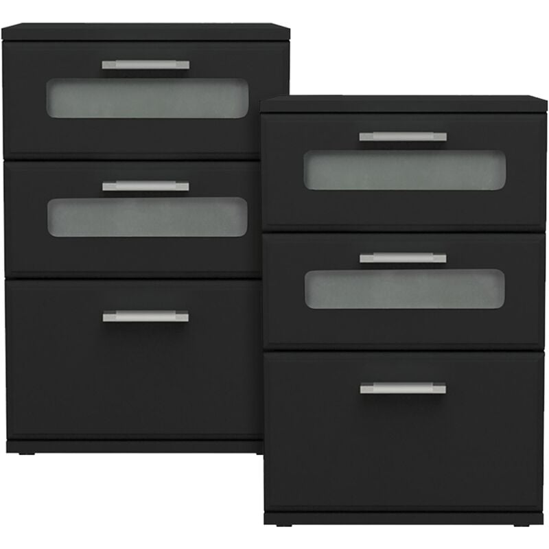 foto del prodotto ml design set 2 comodini con 3 cassetti inserto in vetro 40 x 60 x 38 cm in legno nero cassettiere tavolini da notte armadietti per arredo camera