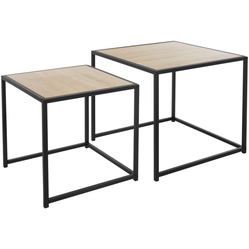 foto del prodotto ml design set di 2 tavolini da caff soggiorno quadrati altezze diverse 40x40x40 cm 50x50x45 cm in metallo nero rovere impilabili design