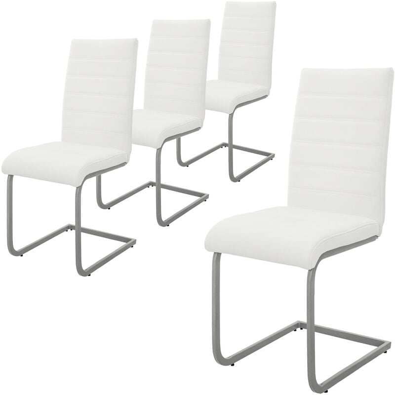 foto del prodotto ml design set di 4 sedie a sbalzo per sala da pranzo imbottite in pelle finta bianco con telaio in metallo argento con schienale alto da cucina