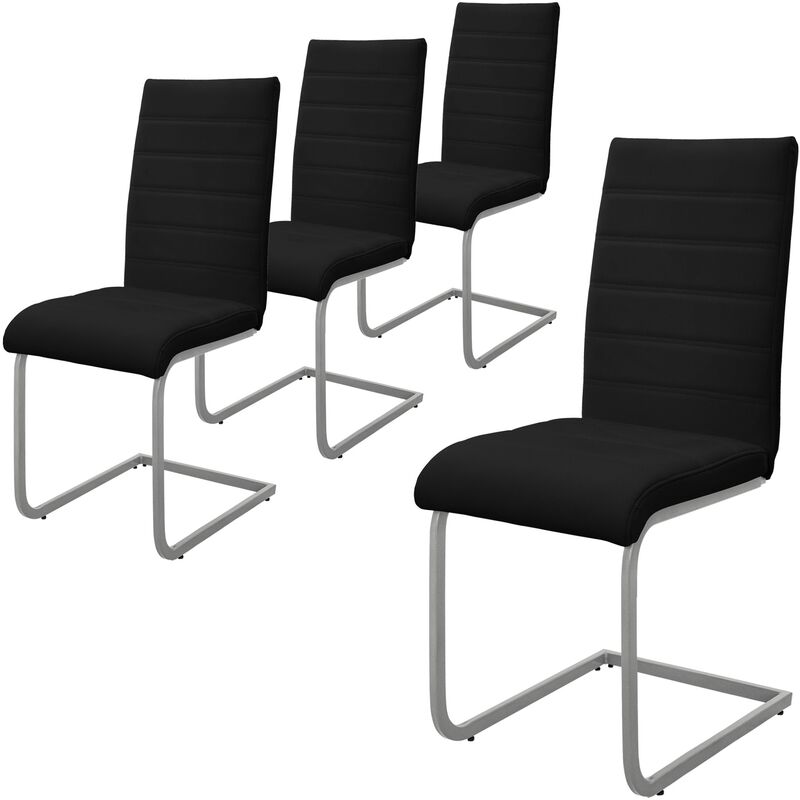 foto del prodotto ml design set di 4 sedie a sbalzo per sala da pranzo imbottite in pelle finta nero con telaio in metallo argento con schienale alto da cucina